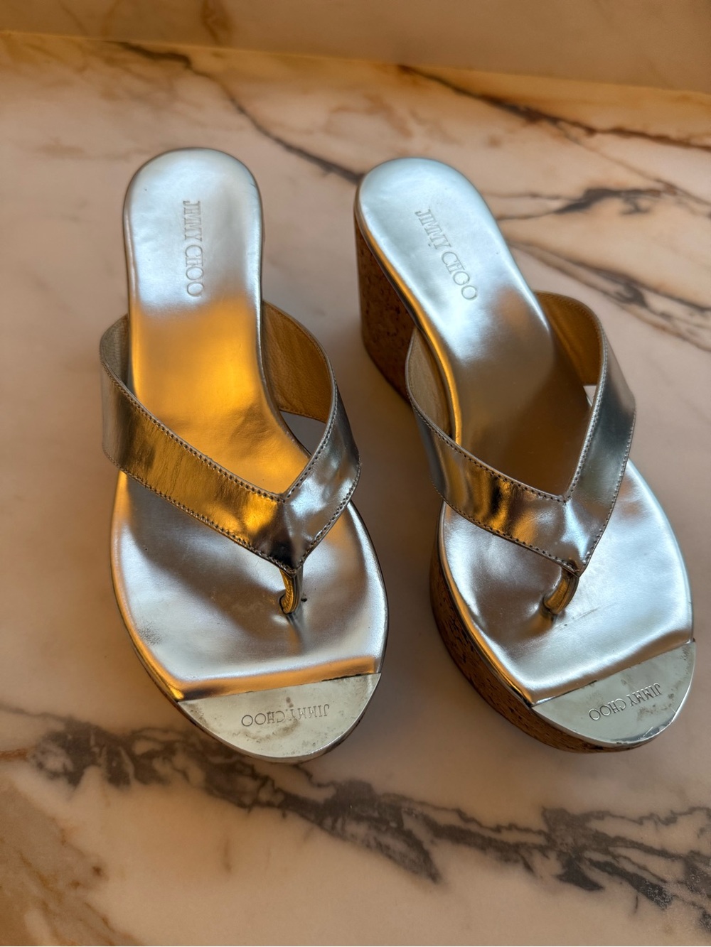 Jimmy Choo Silver Metallic Cork Wedge Thong Sandals